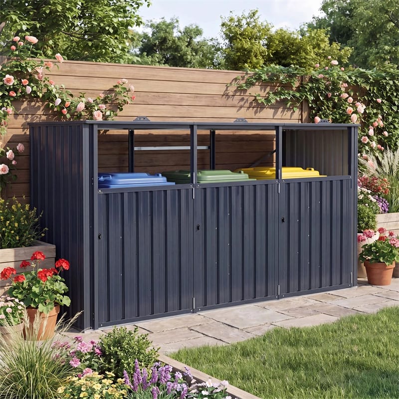 3-Bin Outdoor Trash Can Storage Shed, 7.8x2.6 FT Metal Garbage Bin Shed, Flip-Up Lids & Lockable Doors, Galvanized Steel Enclosure for Patio Backyard