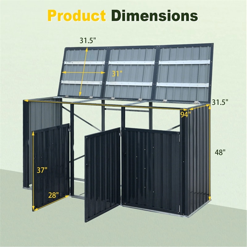 3-Bin Outdoor Trash Can Storage Shed, 7.8x2.6 FT Metal Garbage Bin Shed, Flip-Up Lids & Lockable Doors, Galvanized Steel Enclosure for Patio Backyard