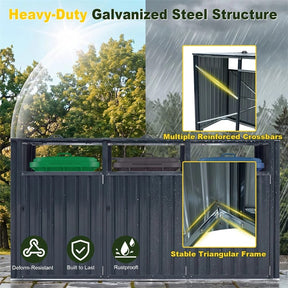 3-Bin Outdoor Trash Can Storage Shed, 7.8x2.6 FT Metal Garbage Bin Shed, Flip-Up Lids & Lockable Doors, Galvanized Steel Enclosure for Patio Backyard