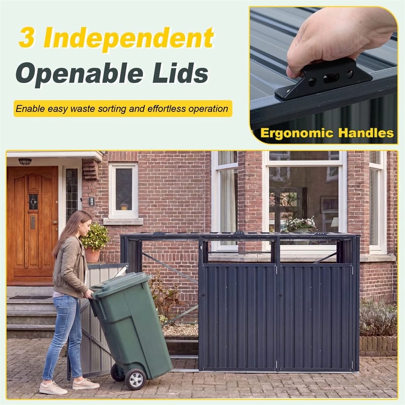 3-Bin Outdoor Trash Can Storage Shed, 7.8x2.6 FT Metal Garbage Bin Shed, Flip-Up Lids & Lockable Doors, Galvanized Steel Enclosure for Patio Backyard