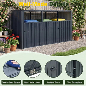 3-Bin Outdoor Trash Can Storage Shed, 7.8x2.6 FT Metal Garbage Bin Shed, Flip-Up Lids & Lockable Doors, Galvanized Steel Enclosure for Patio Backyard