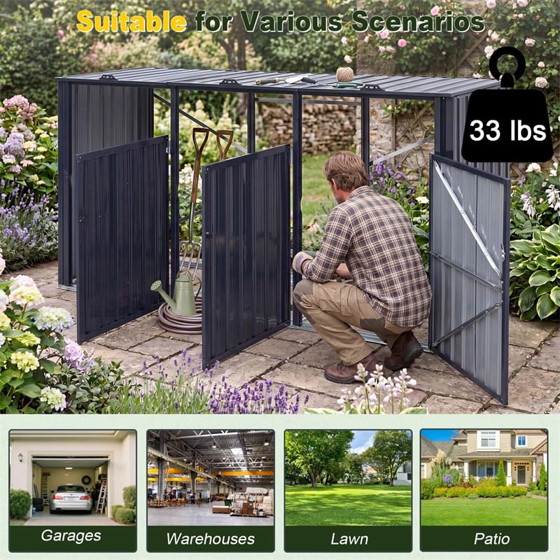 3-Bin Outdoor Trash Can Storage Shed, 7.8x2.6 FT Metal Garbage Bin Shed, Flip-Up Lids & Lockable Doors, Galvanized Steel Enclosure for Patio Backyard