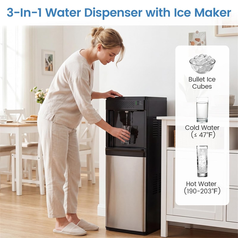 3-in-1 Bottom Loading Water Dispenser with Ice Maker for 5 Gallon Bottle, Stainless Steel Hot and Cold Water Cooler, 33LBS/24H Bullet Ice & Child Lock