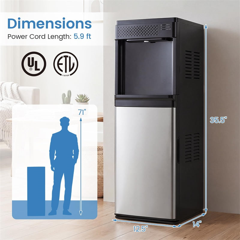 3-in-1 Bottom Loading Water Dispenser with Ice Maker for 5 Gallon Bottle, Stainless Steel Hot and Cold Water Cooler, 33LBS/24H Bullet Ice & Child Lock