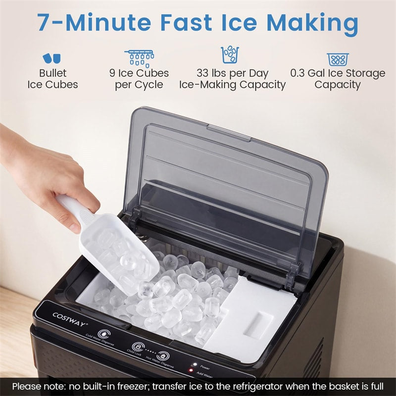 3-in-1 Bottom Loading Water Dispenser with Ice Maker for 5 Gallon Bottle, Stainless Steel Hot and Cold Water Cooler, 33LBS/24H Bullet Ice & Child Lock
