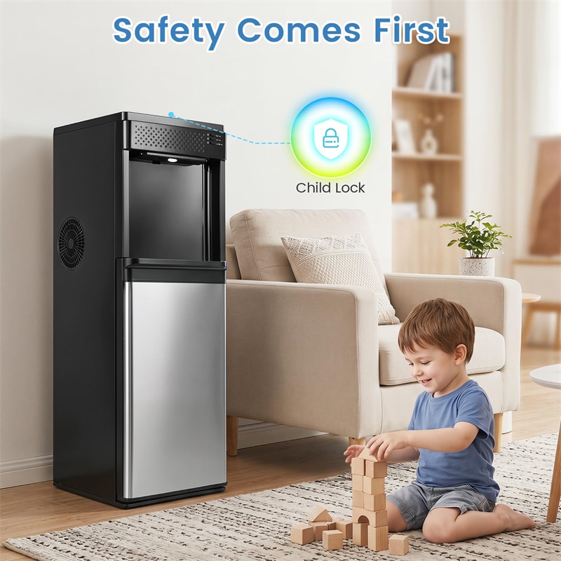 3-in-1 Bottom Loading Water Dispenser with Ice Maker for 5 Gallon Bottle, Stainless Steel Hot and Cold Water Cooler, 33LBS/24H Bullet Ice & Child Lock