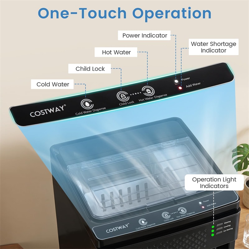 3-in-1 Bottom Loading Water Dispenser with Ice Maker for 5 Gallon Bottle, Stainless Steel Hot and Cold Water Cooler, 33LBS/24H Bullet Ice & Child Lock