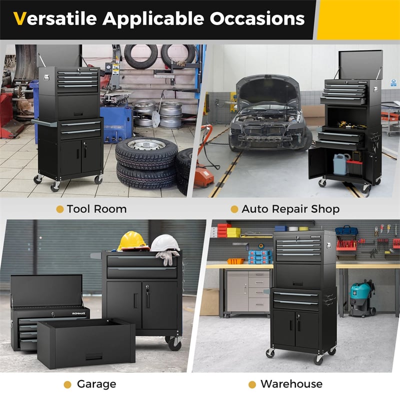 3-in-1 Rolling Tool Chest, 6-Drawer Heavy Duty Steel Tool Cabinet w/ Lockable Toolbox & Universal Wheels, Detachable Garage Tool Box Organizer