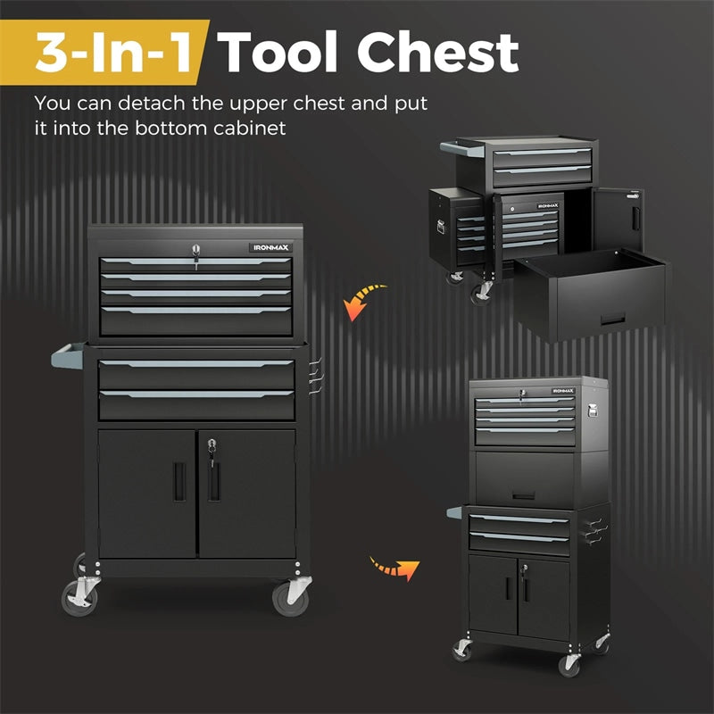 3-in-1 Rolling Tool Chest, 6-Drawer Heavy Duty Steel Tool Cabinet w/ Lockable Toolbox & Universal Wheels, Detachable Garage Tool Box Organizer