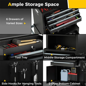 3-in-1 Rolling Tool Chest, 6-Drawer Heavy Duty Steel Tool Cabinet w/ Lockable Toolbox & Universal Wheels, Detachable Garage Tool Box Organizer