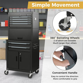 3-in-1 Rolling Tool Chest, 6-Drawer Heavy Duty Steel Tool Cabinet w/ Lockable Toolbox & Universal Wheels, Detachable Garage Tool Box Organizer
