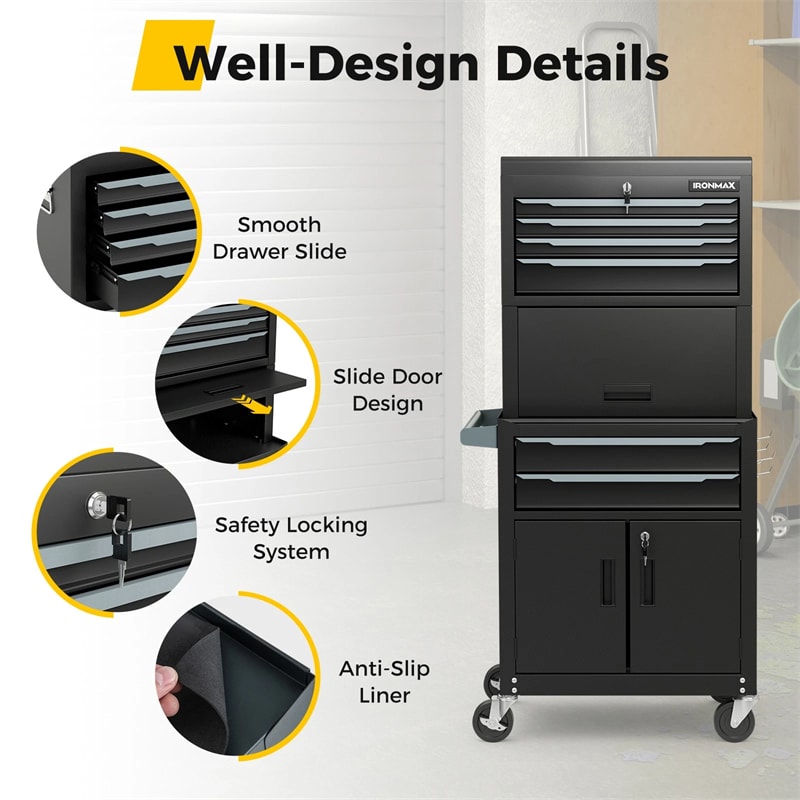 3-in-1 Rolling Tool Chest, 6-Drawer Heavy Duty Steel Tool Cabinet w/ Lockable Toolbox & Universal Wheels, Detachable Garage Tool Box Organizer