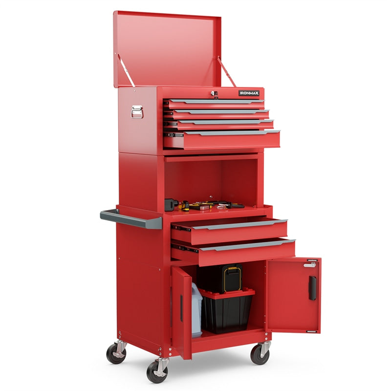 3-in-1 Rolling Tool Chest, 6-Drawer Heavy Duty Steel Tool Cabinet w/ Lockable Toolbox & Universal Wheels, Detachable Garage Tool Box Organizer
