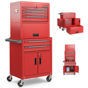 3-in-1 Rolling Tool Chest, 6-Drawer Heavy Duty Steel Tool Cabinet w/ Lockable Toolbox & Universal Wheels, Detachable Garage Tool Box Organizer