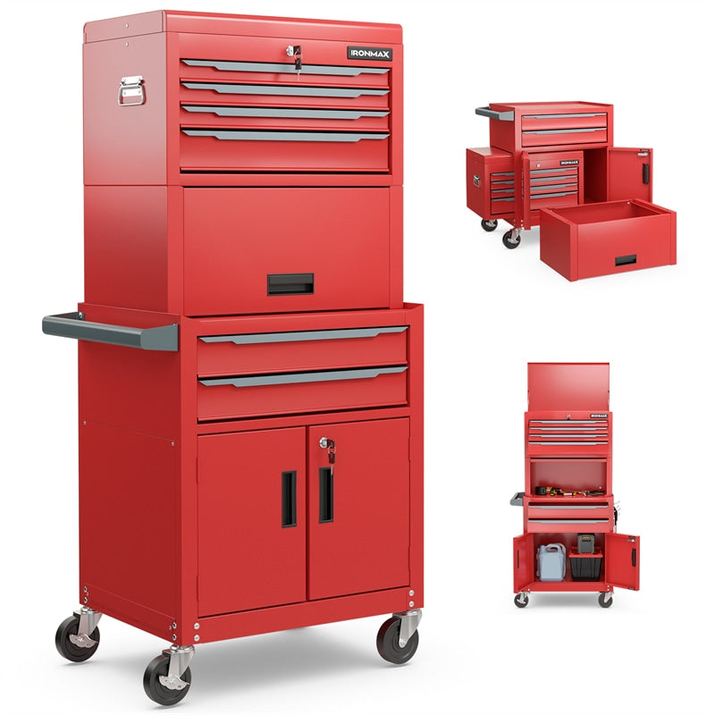 3-in-1 Rolling Tool Chest, 6-Drawer Heavy Duty Steel Tool Cabinet w/ Lockable Toolbox & Universal Wheels, Detachable Garage Tool Box Organizer