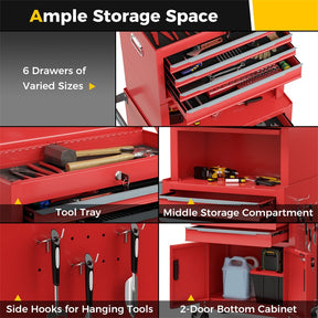 3-in-1 Rolling Tool Chest, 6-Drawer Heavy Duty Steel Tool Cabinet w/ Lockable Toolbox & Universal Wheels, Detachable Garage Tool Box Organizer