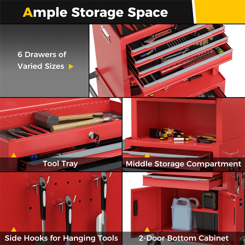 3-in-1 Rolling Tool Chest, 6-Drawer Heavy Duty Steel Tool Cabinet w/ Lockable Toolbox & Universal Wheels, Detachable Garage Tool Box Organizer