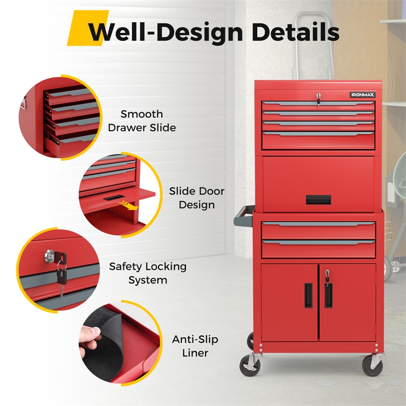 3-in-1 Rolling Tool Chest, 6-Drawer Heavy Duty Steel Tool Cabinet w/ Lockable Toolbox & Universal Wheels, Detachable Garage Tool Box Organizer