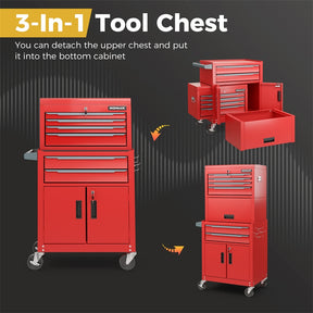 3-in-1 Rolling Tool Chest, 6-Drawer Heavy Duty Steel Tool Cabinet w/ Lockable Toolbox & Universal Wheels, Detachable Garage Tool Box Organizer
