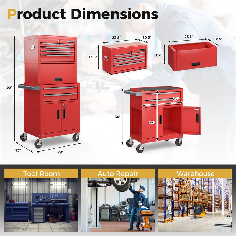 3-in-1 Rolling Tool Chest, 6-Drawer Heavy Duty Steel Tool Cabinet w/ Lockable Toolbox & Universal Wheels, Detachable Garage Tool Box Organizer