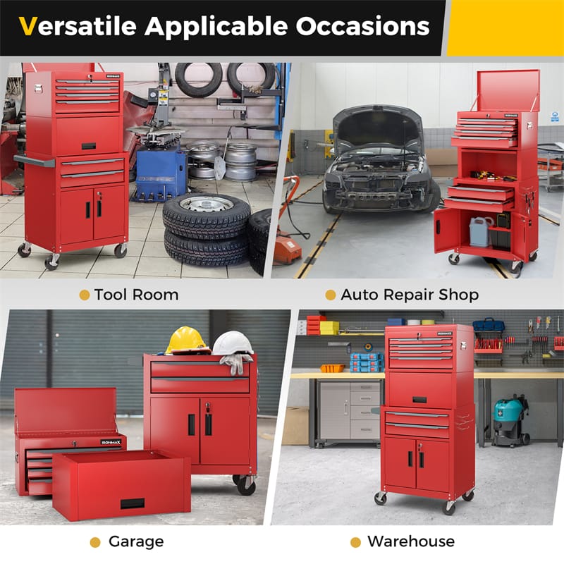 3-in-1 Rolling Tool Chest, 6-Drawer Heavy Duty Steel Tool Cabinet w/ Lockable Toolbox & Universal Wheels, Detachable Garage Tool Box Organizer