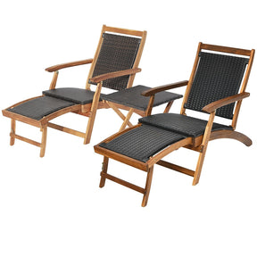 3-Piece Patio Lounge Chair Set, Acacia Wood Rattan Wicker Folding Chaise Lounge with Retractable Ottoman & Side Table, Deck Chairs Table for Poolside