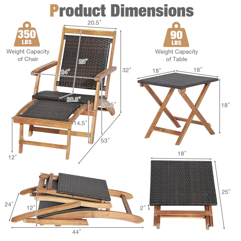 3-Piece Patio Lounge Chair Set, Acacia Wood Rattan Wicker Folding Chaise Lounge with Retractable Ottoman & Side Table, Deck Chairs Table for Poolside