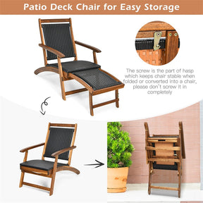 3-Piece Patio Lounge Chair Set, Acacia Wood Rattan Wicker Folding Chaise Lounge with Retractable Ottoman & Side Table, Deck Chairs Table for Poolside
