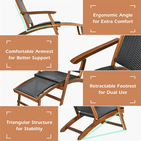 3-Piece Patio Lounge Chair Set, Acacia Wood Rattan Wicker Folding Chaise Lounge with Retractable Ottoman & Side Table, Deck Chairs Table for Poolside