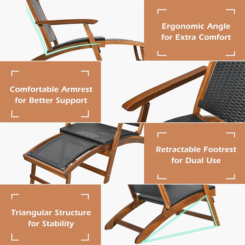 3-Piece Patio Lounge Chair Set, Acacia Wood Rattan Wicker Folding Chaise Lounge with Retractable Ottoman & Side Table, Deck Chairs Table for Poolside