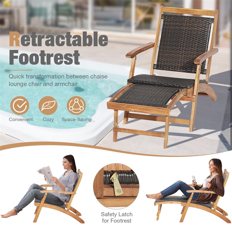 3-Piece Patio Lounge Chair Set, Acacia Wood Rattan Wicker Folding Chaise Lounge with Retractable Ottoman & Side Table, Deck Chairs Table for Poolside