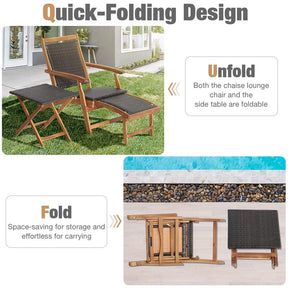 3-Piece Patio Lounge Chair Set, Acacia Wood Rattan Wicker Folding Chaise Lounge with Retractable Ottoman & Side Table, Deck Chairs Table for Poolside