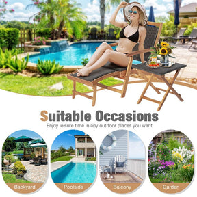 3-Piece Patio Lounge Chair Set, Acacia Wood Rattan Wicker Folding Chaise Lounge with Retractable Ottoman & Side Table, Deck Chairs Table for Poolside
