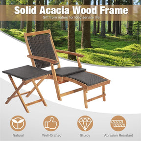 3-Piece Patio Lounge Chair Set, Acacia Wood Rattan Wicker Folding Chaise Lounge with Retractable Ottoman & Side Table, Deck Chairs Table for Poolside