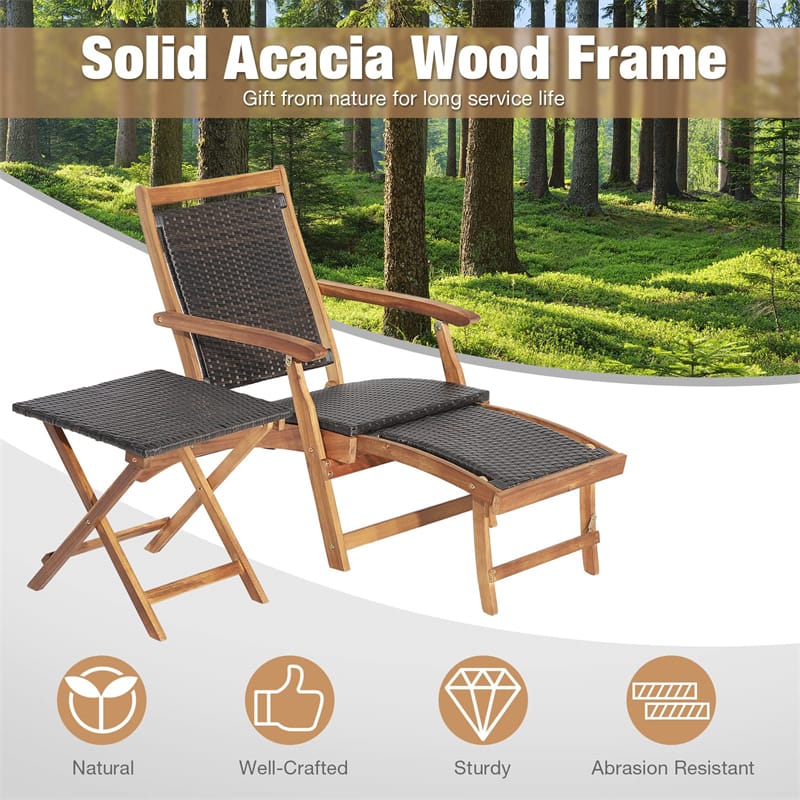 3-Piece Patio Lounge Chair Set, Acacia Wood Rattan Wicker Folding Chaise Lounge with Retractable Ottoman & Side Table, Deck Chairs Table for Poolside