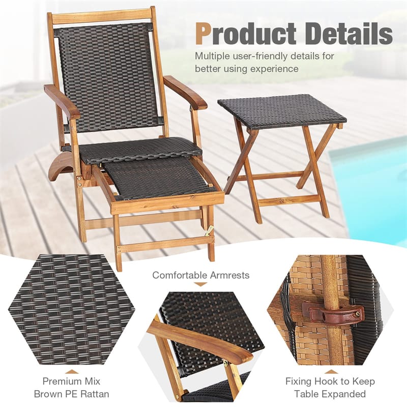 3-Piece Patio Lounge Chair Set, Acacia Wood Rattan Wicker Folding Chaise Lounge with Retractable Ottoman & Side Table, Deck Chairs Table for Poolside