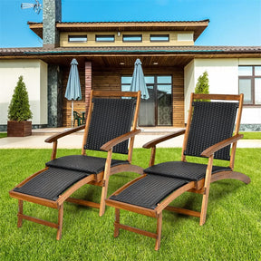3-Piece Patio Lounge Chair Set, Acacia Wood Rattan Wicker Folding Chaise Lounge with Retractable Ottoman & Side Table, Deck Chairs Table for Poolside