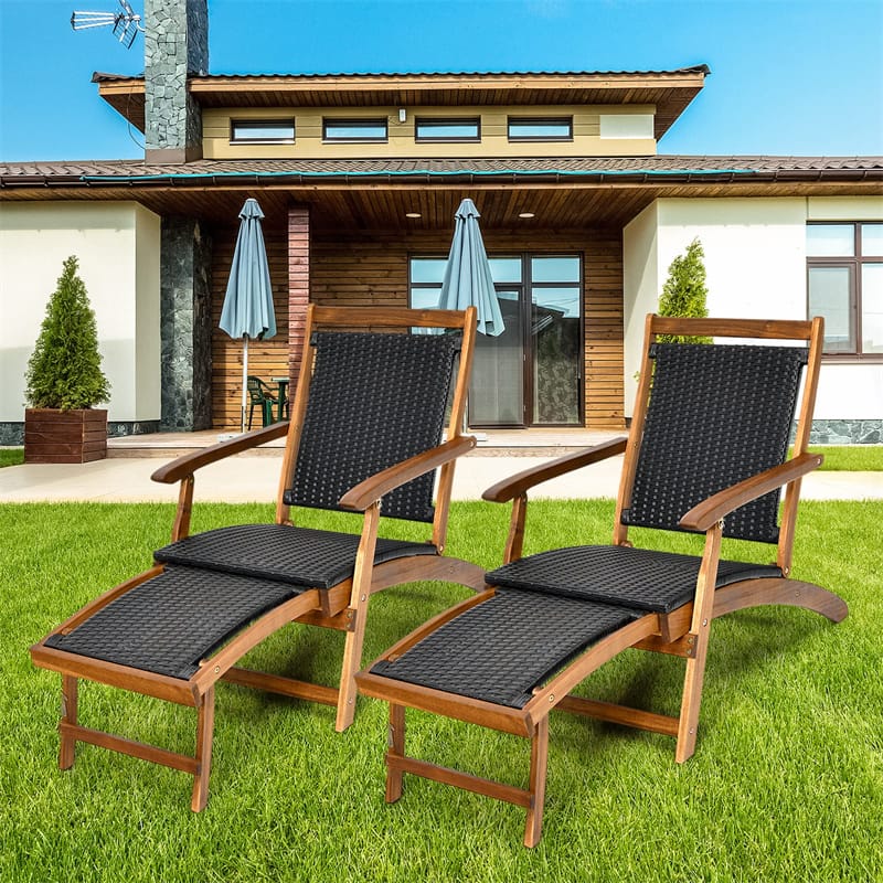 3-Piece Patio Lounge Chair Set, Acacia Wood Rattan Wicker Folding Chaise Lounge with Retractable Ottoman & Side Table, Deck Chairs Table for Poolside