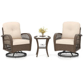 3 Piece Patio Wicker Swivel Rocker Chair Set, Outdoor Rattan Glider Bistro Furniture Set with 2-Tier Tempered Glass Side Table & Cushions