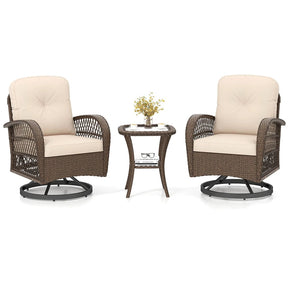 3 Piece Patio Wicker Swivel Rocker Chair Set, Outdoor Rattan Glider Bistro Furniture Set with 2-Tier Tempered Glass Side Table & Cushions