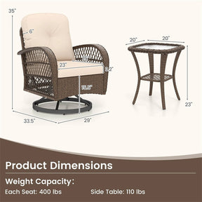 3 Piece Patio Wicker Swivel Rocker Chair Set, Outdoor Rattan Glider Bistro Furniture Set with 2-Tier Tempered Glass Side Table & Cushions