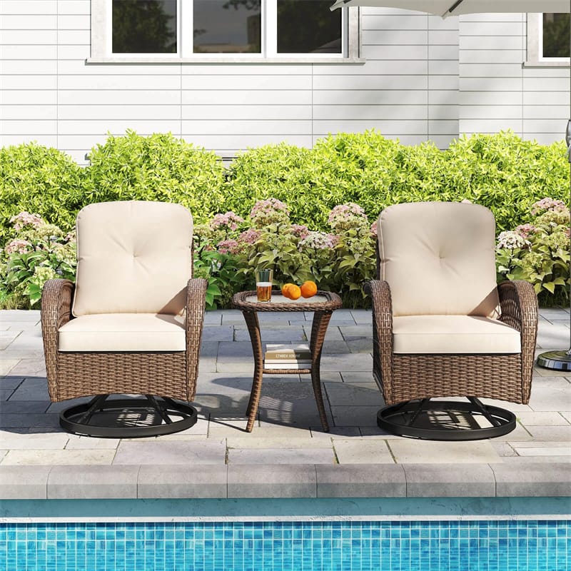 3 Piece Patio Wicker Swivel Rocker Chair Set, Outdoor Rattan Glider Bistro Furniture Set with 2-Tier Tempered Glass Side Table & Cushions