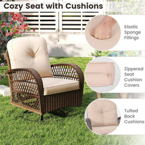3 Piece Patio Wicker Swivel Rocker Chair Set, Outdoor Rattan Glider Bistro Furniture Set with 2-Tier Tempered Glass Side Table & Cushions