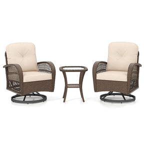 3 Piece Patio Wicker Swivel Rocker Chair Set, Outdoor Rattan Glider Bistro Furniture Set with 2-Tier Tempered Glass Side Table & Cushions