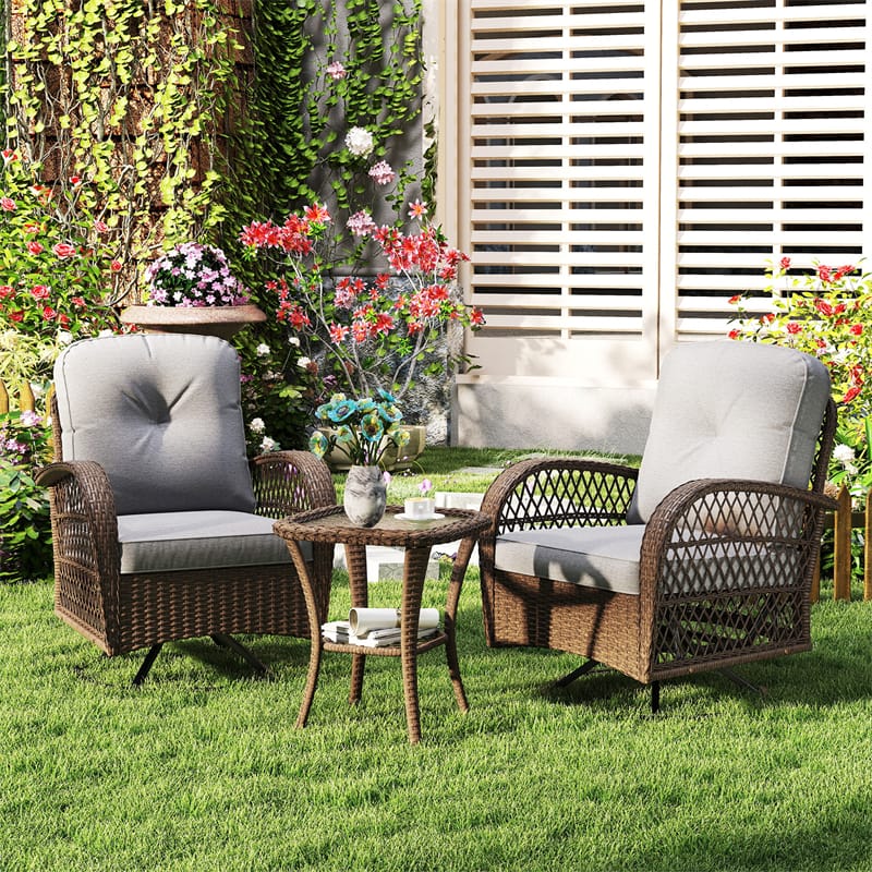 3 Piece Patio Wicker Swivel Rocker Chair Set, Outdoor Rattan Glider Bistro Furniture Set with 2-Tier Tempered Glass Side Table & Cushions