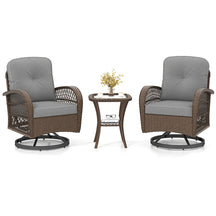 3 Piece Patio Wicker Swivel Rocker Chair Set, Outdoor Rattan Glider Bistro Furniture Set with 2-Tier Tempered Glass Side Table & Cushions