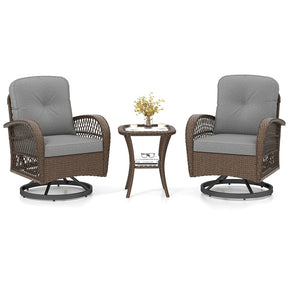 3 Piece Patio Wicker Swivel Rocker Chair Set, Outdoor Rattan Glider Bistro Furniture Set with 2-Tier Tempered Glass Side Table & Cushions