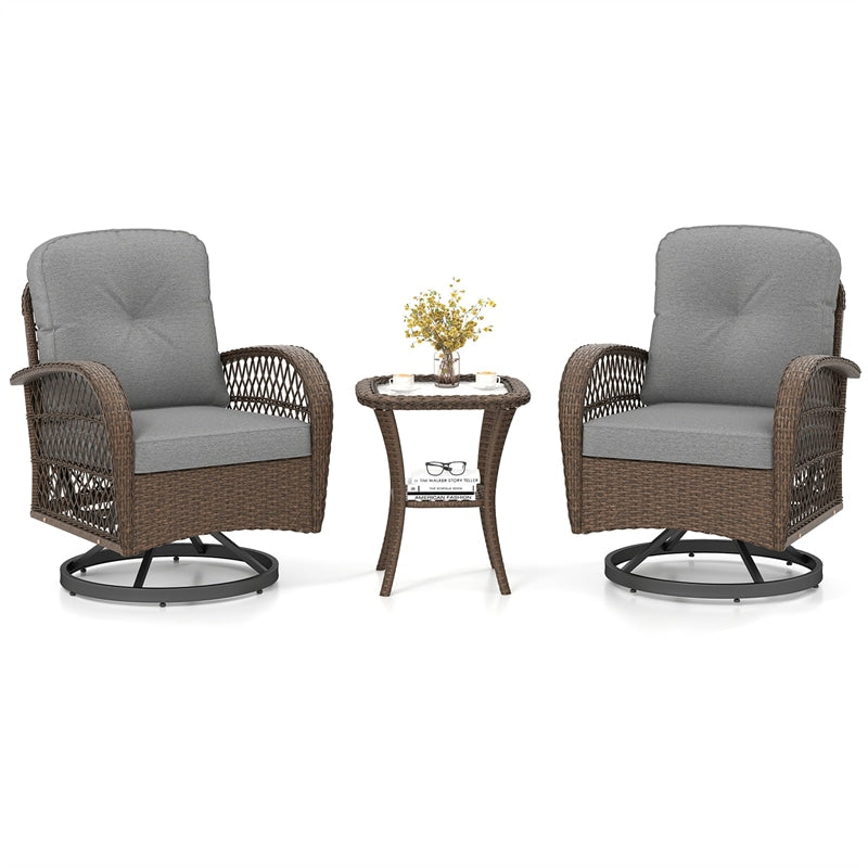 3 Piece Patio Wicker Swivel Rocker Chair Set, Outdoor Rattan Glider Bistro Furniture Set with 2-Tier Tempered Glass Side Table & Cushions