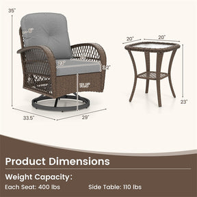 3 Piece Patio Wicker Swivel Rocker Chair Set, Outdoor Rattan Glider Bistro Furniture Set with 2-Tier Tempered Glass Side Table & Cushions