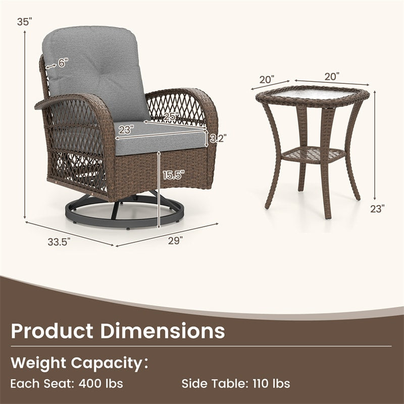 3 Piece Patio Wicker Swivel Rocker Chair Set, Outdoor Rattan Glider Bistro Furniture Set with 2-Tier Tempered Glass Side Table & Cushions